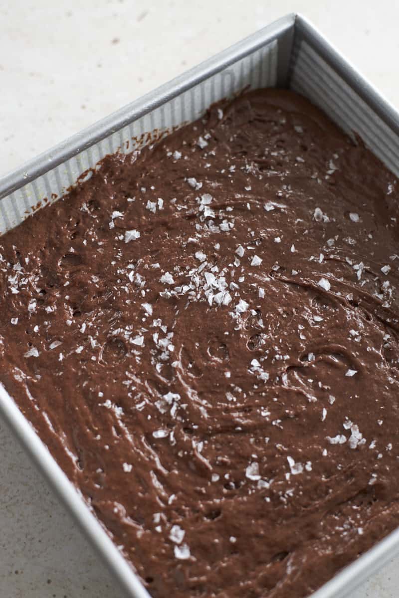 Brownie batter sprinkled with sea salt.