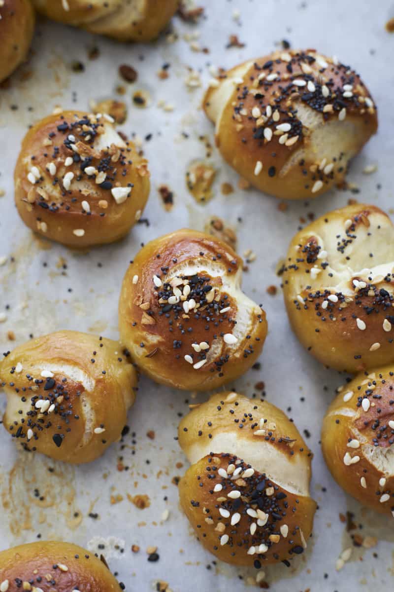 Sourdough Discard Pretzel Bites baked until golden on a baking sheet.