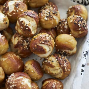 Sourdough Discard Pretzel Bites on a black and white tray.