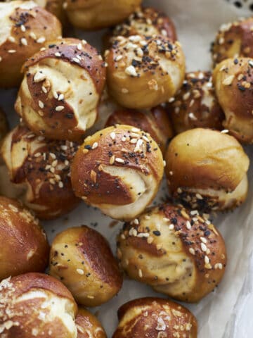 Sourdough Discard Pretzel Bites on a black and white tray.