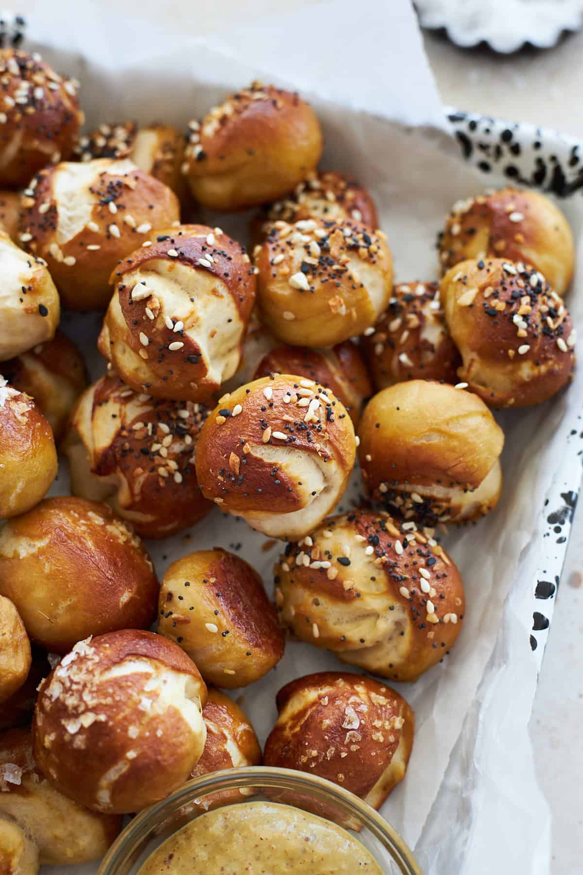 Sourdough Discard Pretzel Bites on a speckled tray. 