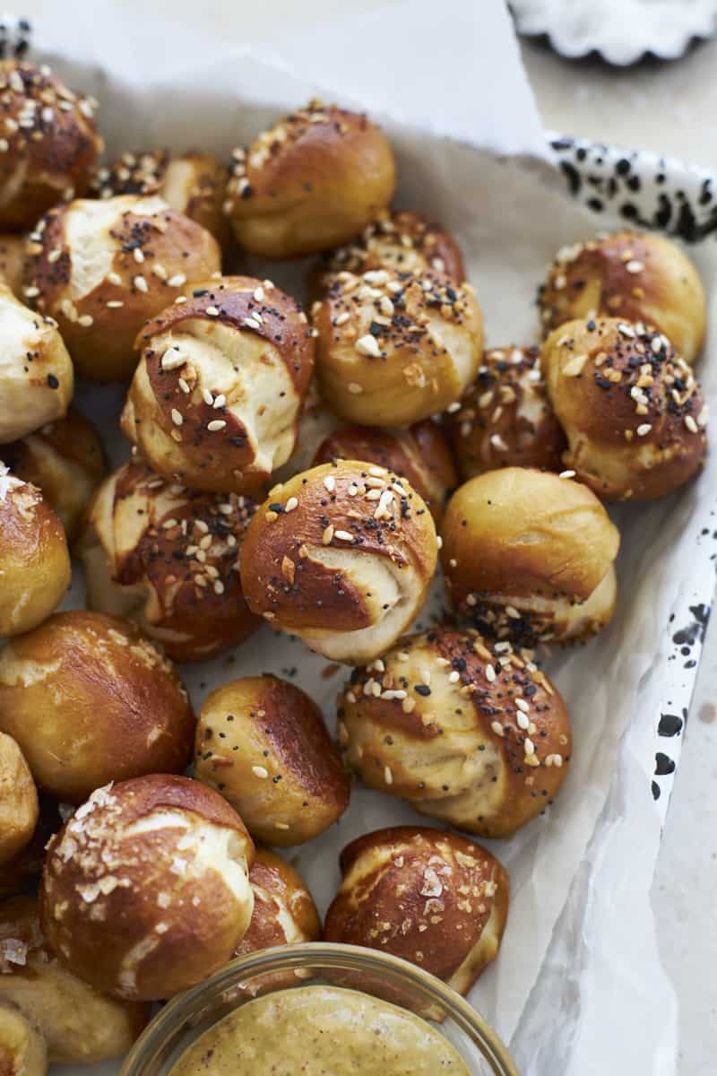 Sourdough Discard Pretzel Bites on a black and white tray.