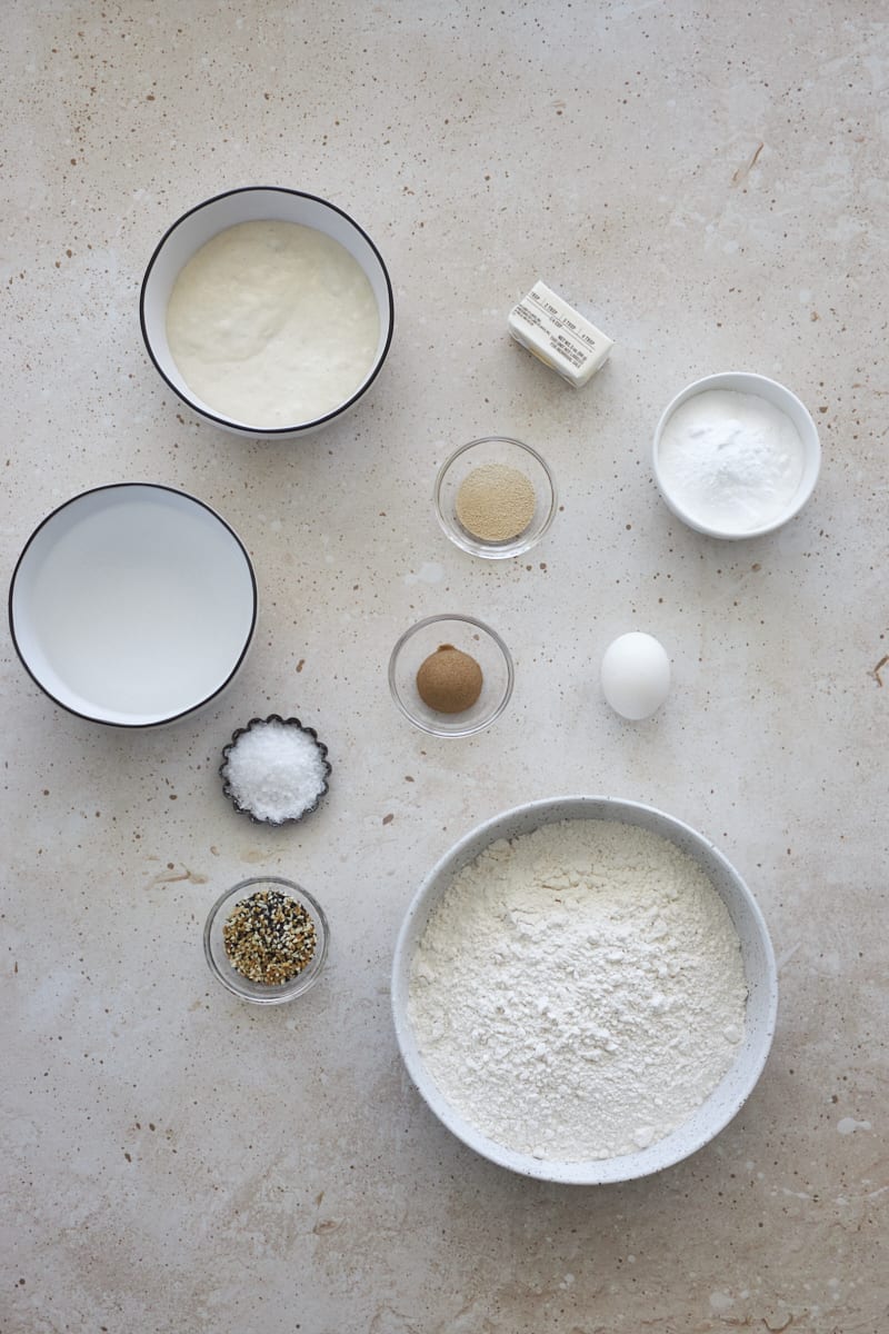 Ingredients for sourdough discard pretzel bites.