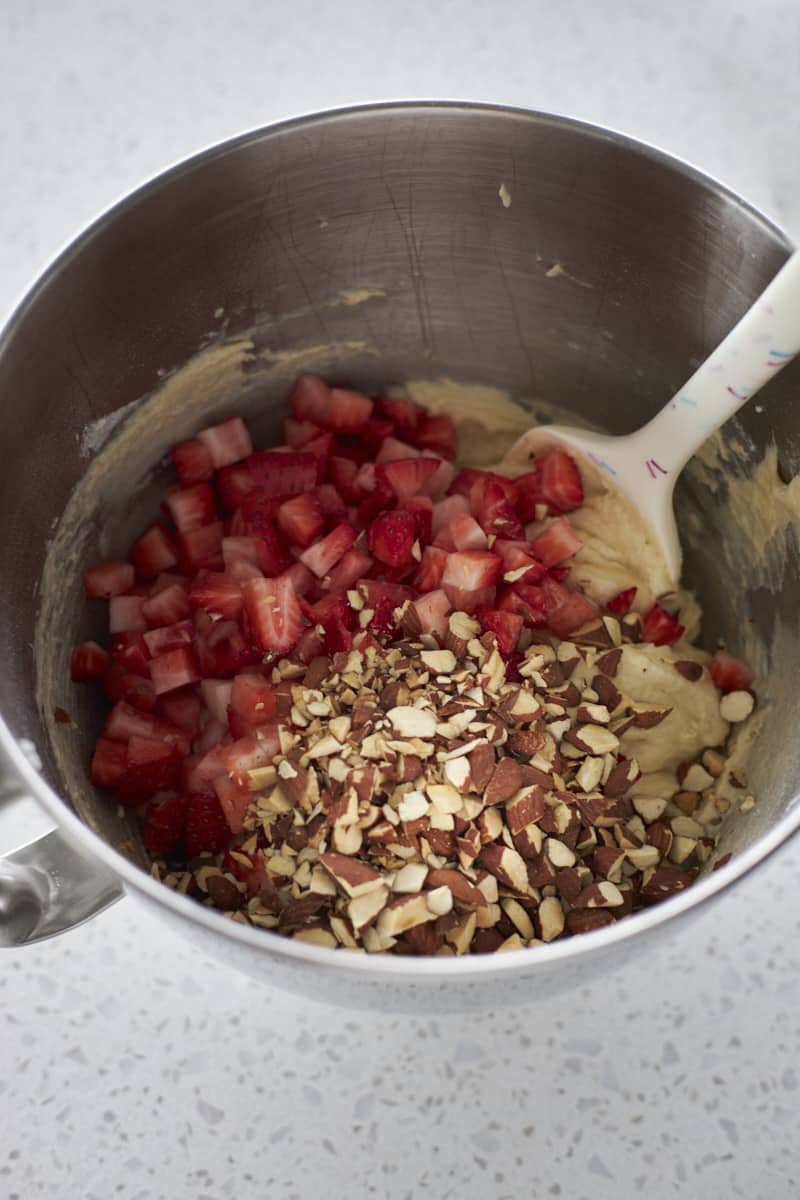 Strawberries and chopped almonds added to the batter.