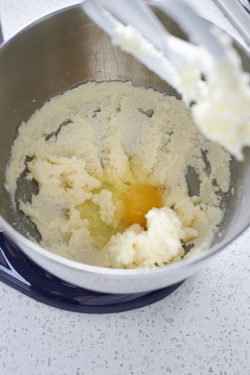 Egg added to the creamed butter and sugar 