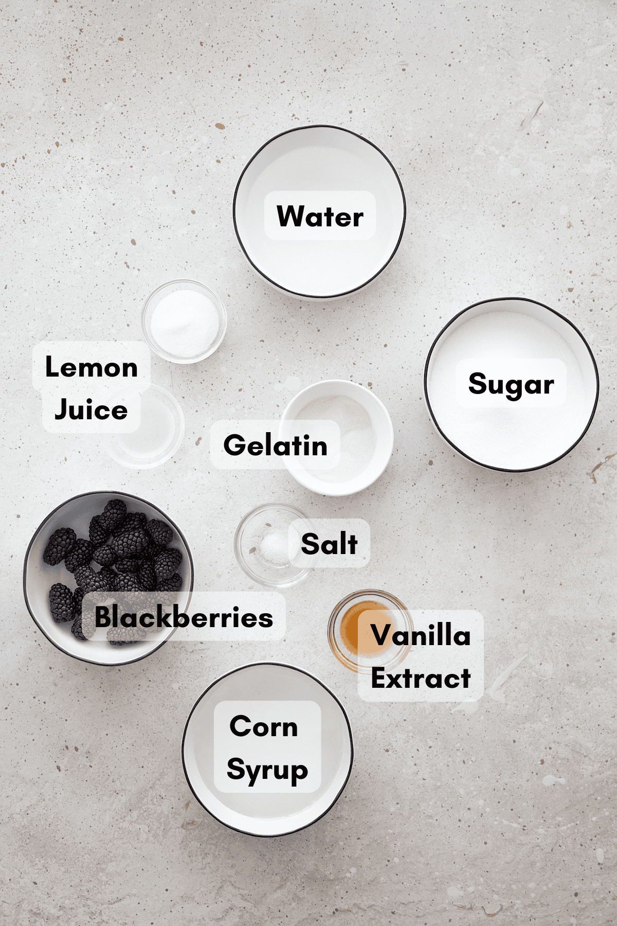 Ingredients for Blackberry Marshmallows in small bowls. 