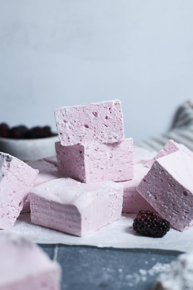 Blackberry Marshmallows in a stack.