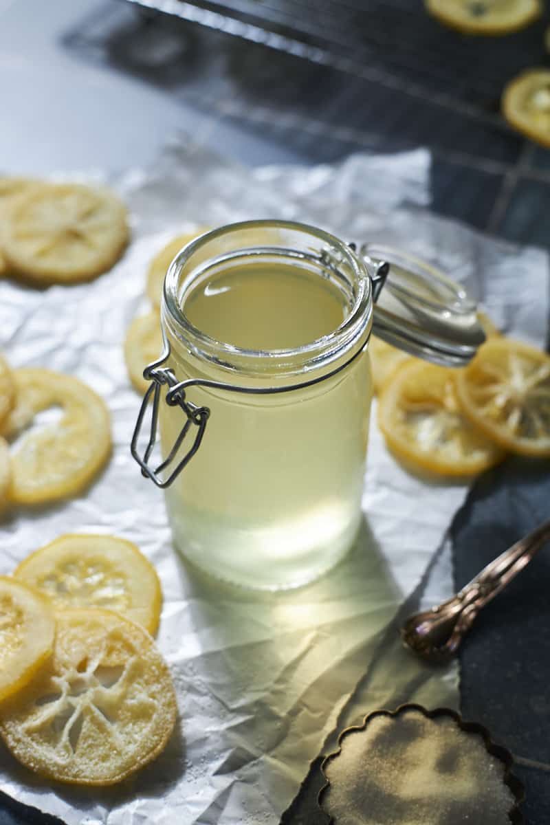 Lemon Simple Syrup in a glass jar.