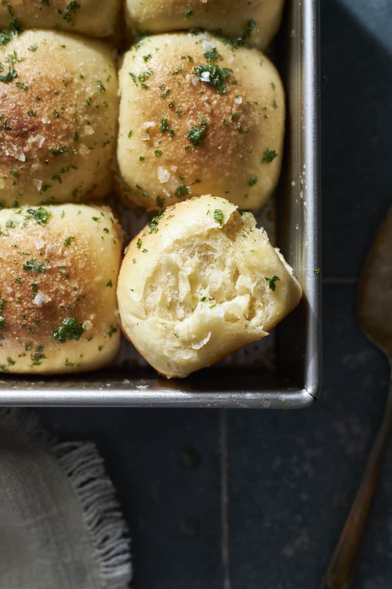 One garlic roll on its side.