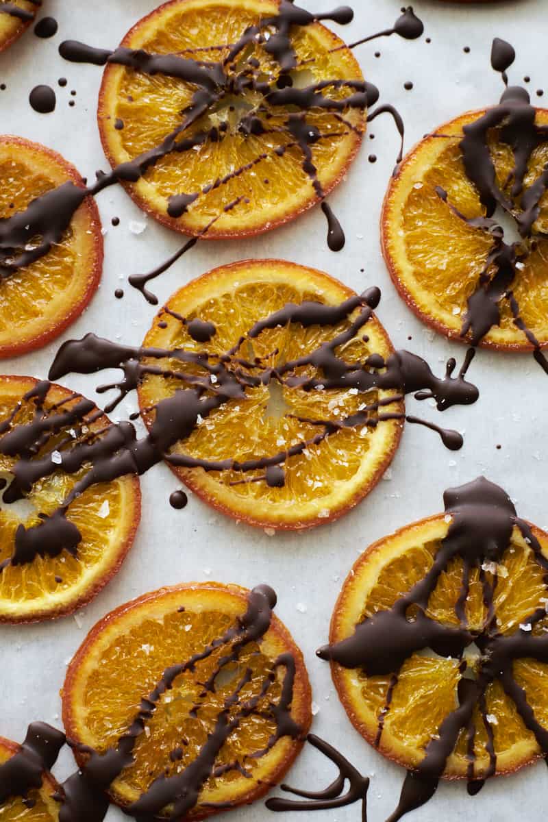 Candied Orange Slices drizzled in dark chocolate.