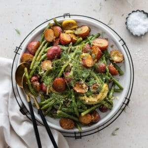 Green beans and potatoes on a platter.