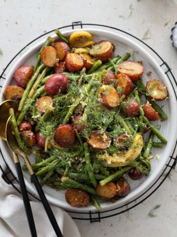 Green beans and potatoes on a platter.