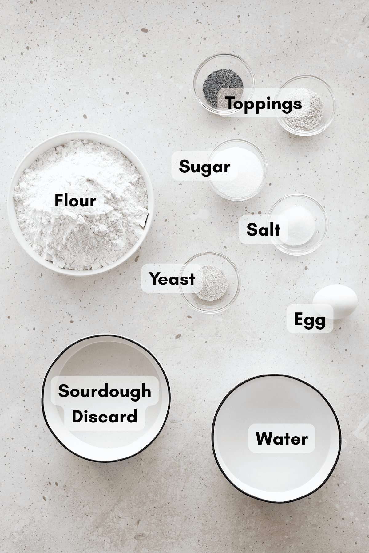 Ingredients for Sourdough Discard Bagel Bites in small bowls.