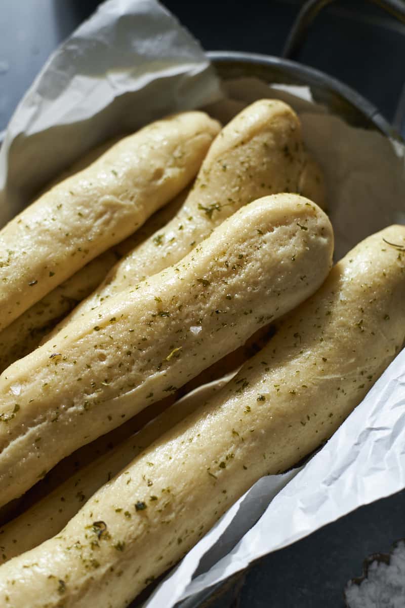 Closeup of sourdough discard breadsticks.