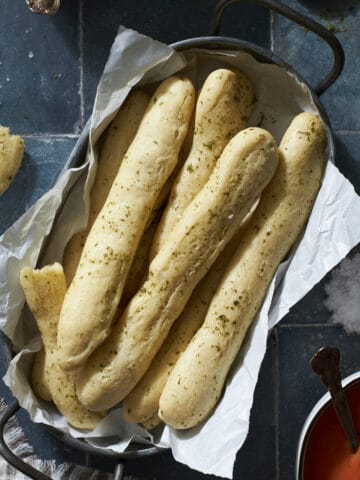 Sourdough discard breadsticks in a tray.