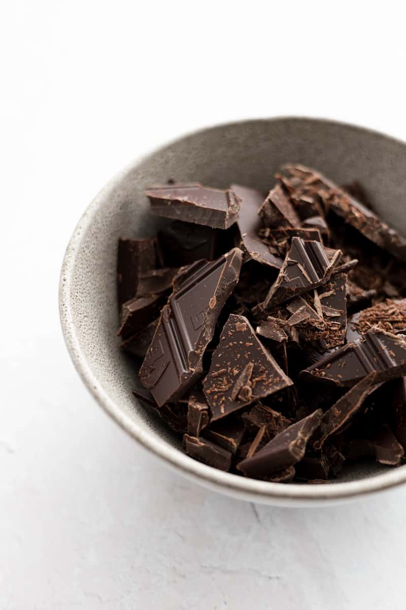 Chopped chocolate in a bowl.