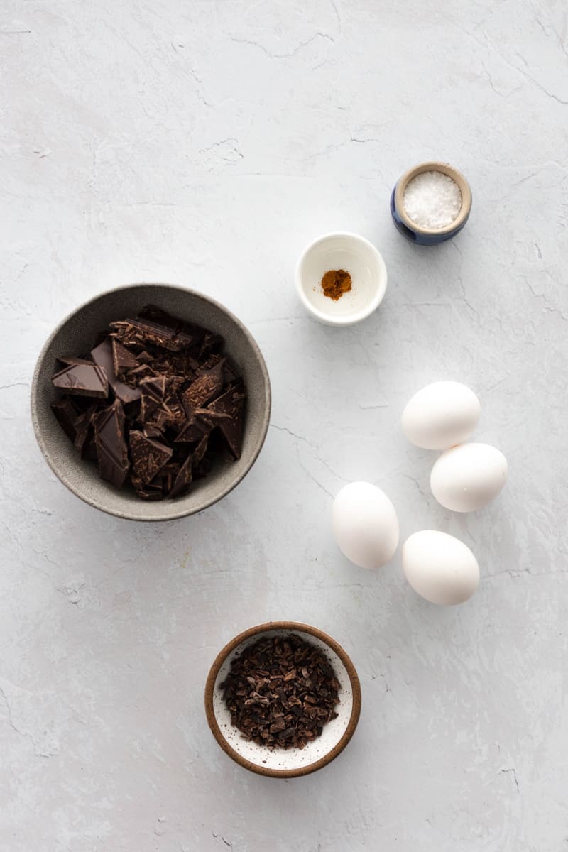 Ingredients for Dairy-Free Chocolate Mousse in small bowls.