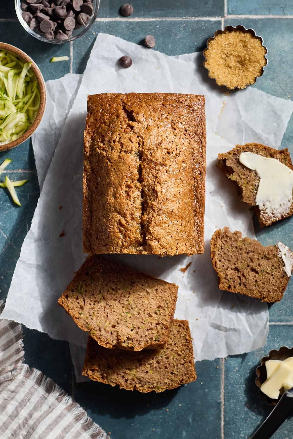 Sourdough Discard Zucchini Bread with a few slices removed.