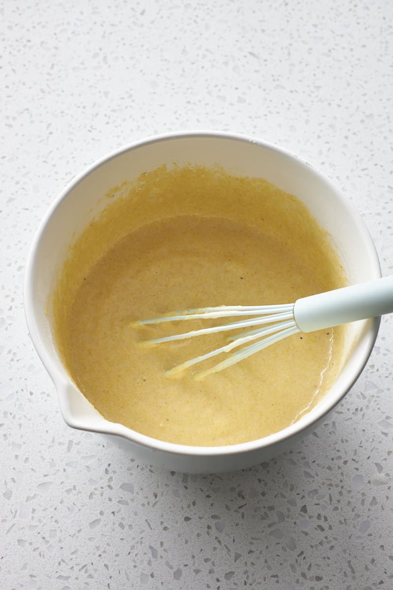 Batter mixed in a mixing bowl.