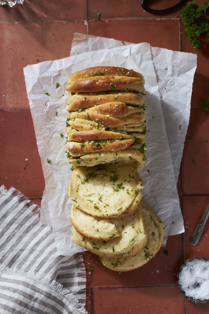 Sourdough Discard Garlic Pull Apart Bread from overhead with a few slices pulled out.