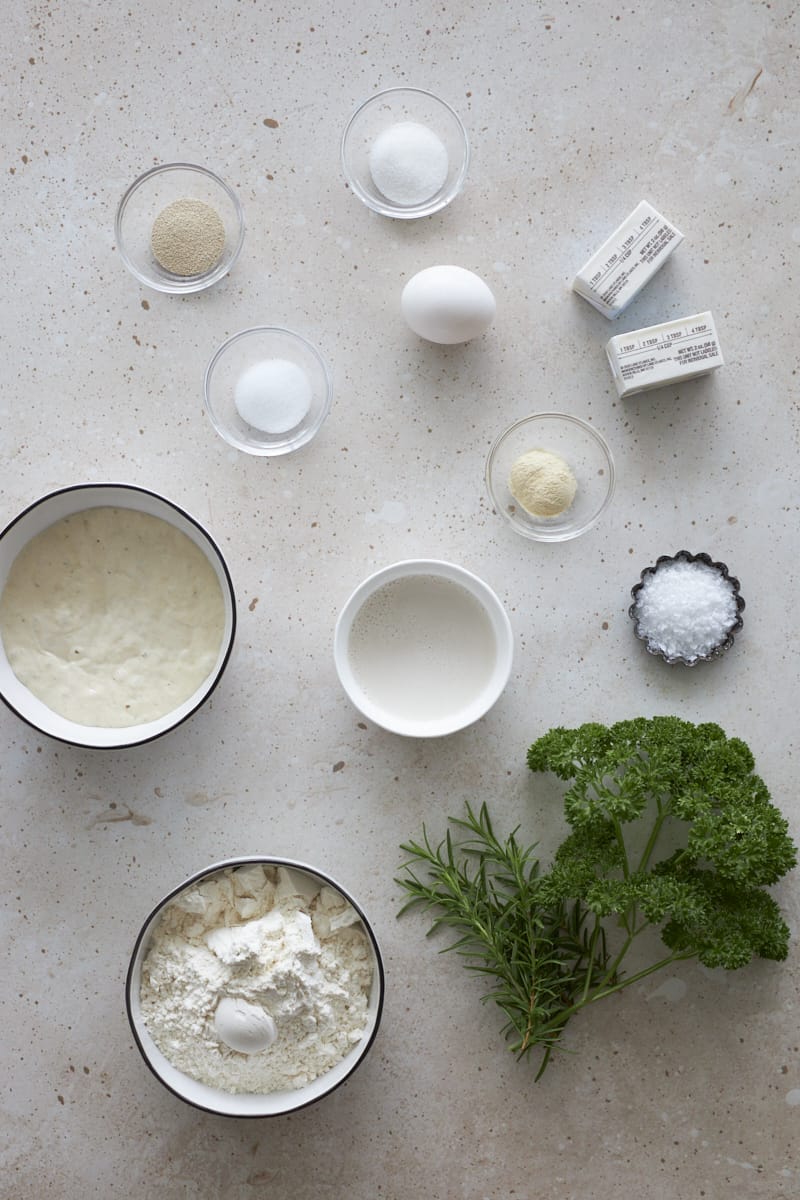 Ingredients for Sourdough Discard Garlic Pull Apart Bread in small bowls.