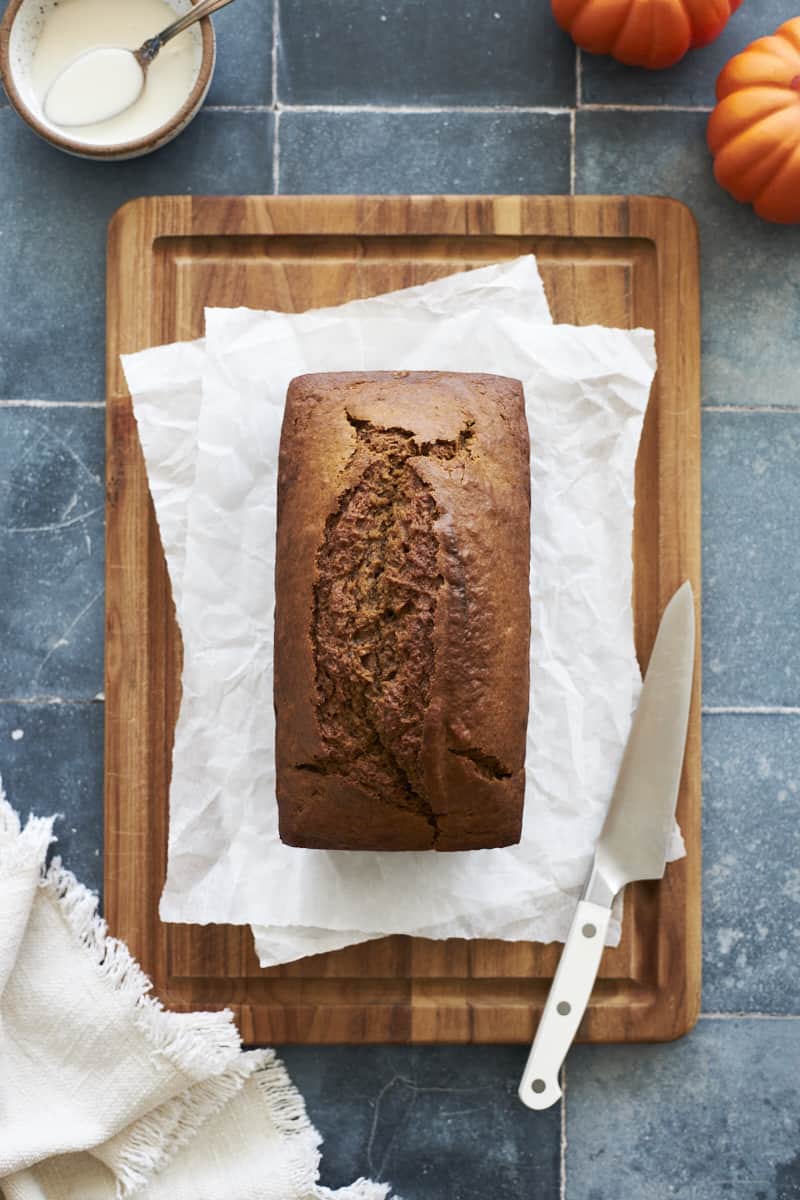 Overhead view of baked Sourdough Discard Pumpkin Bread.