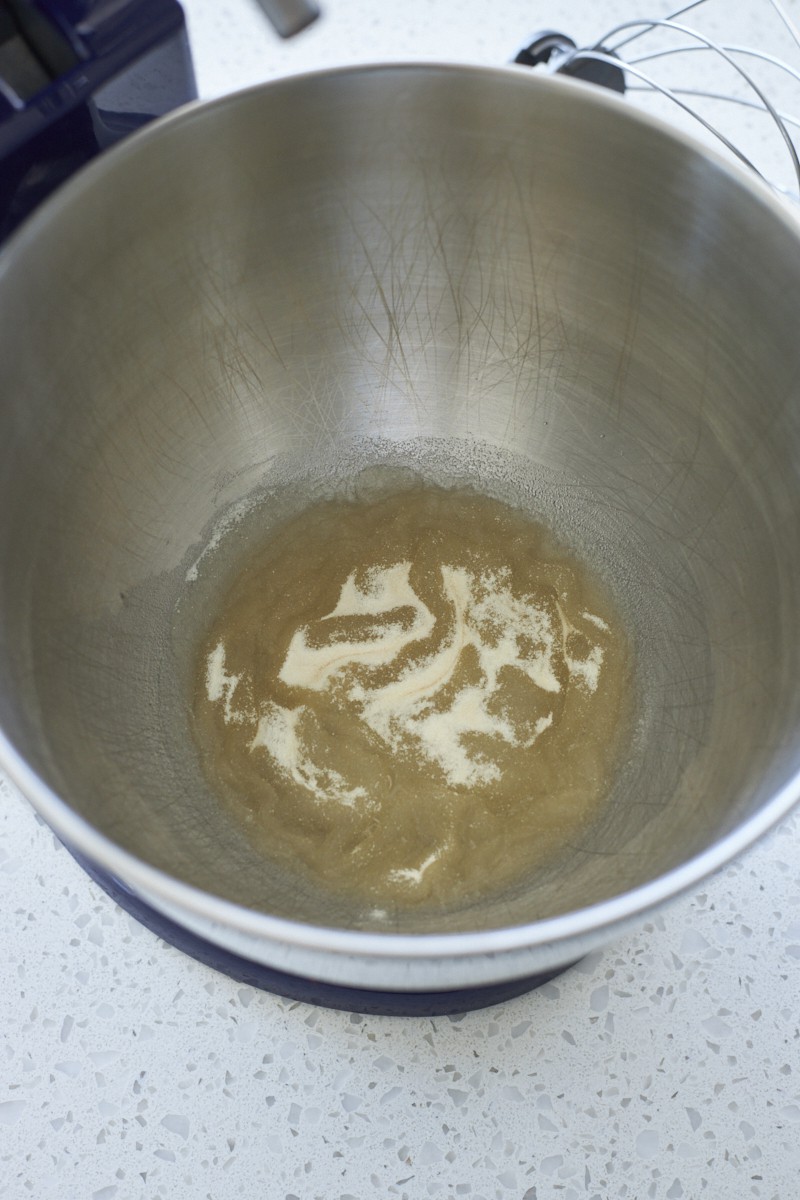 Gelatin and water blooming in the bowl of a stand mixer.