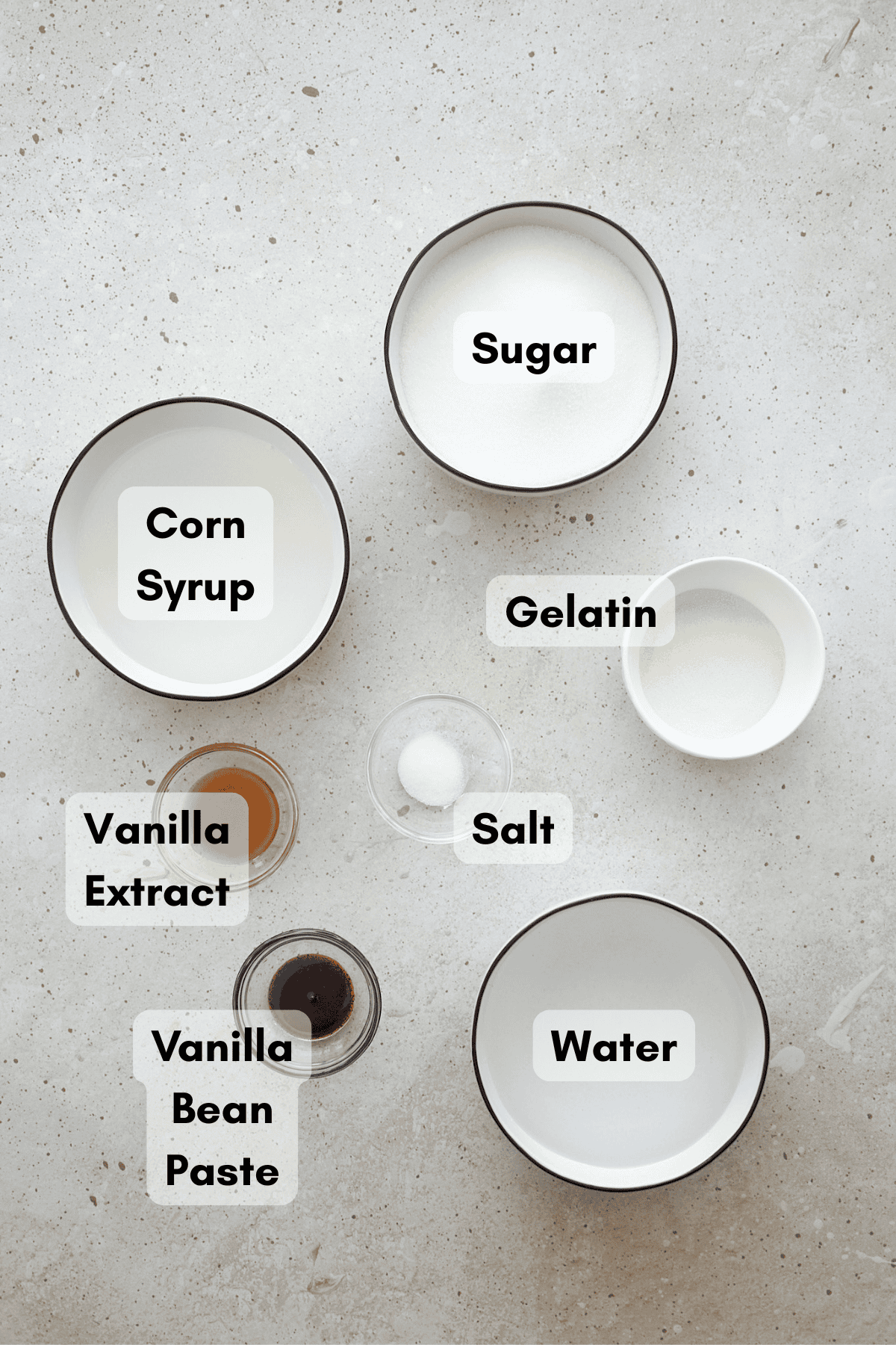 Ingredients for Classic Vanilla Marshmallows in small bowls. 