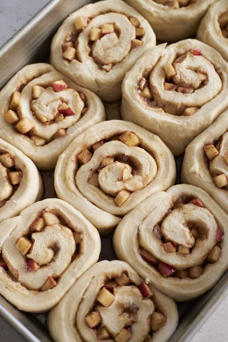 Cinnamon rolls puffed after the second rise.