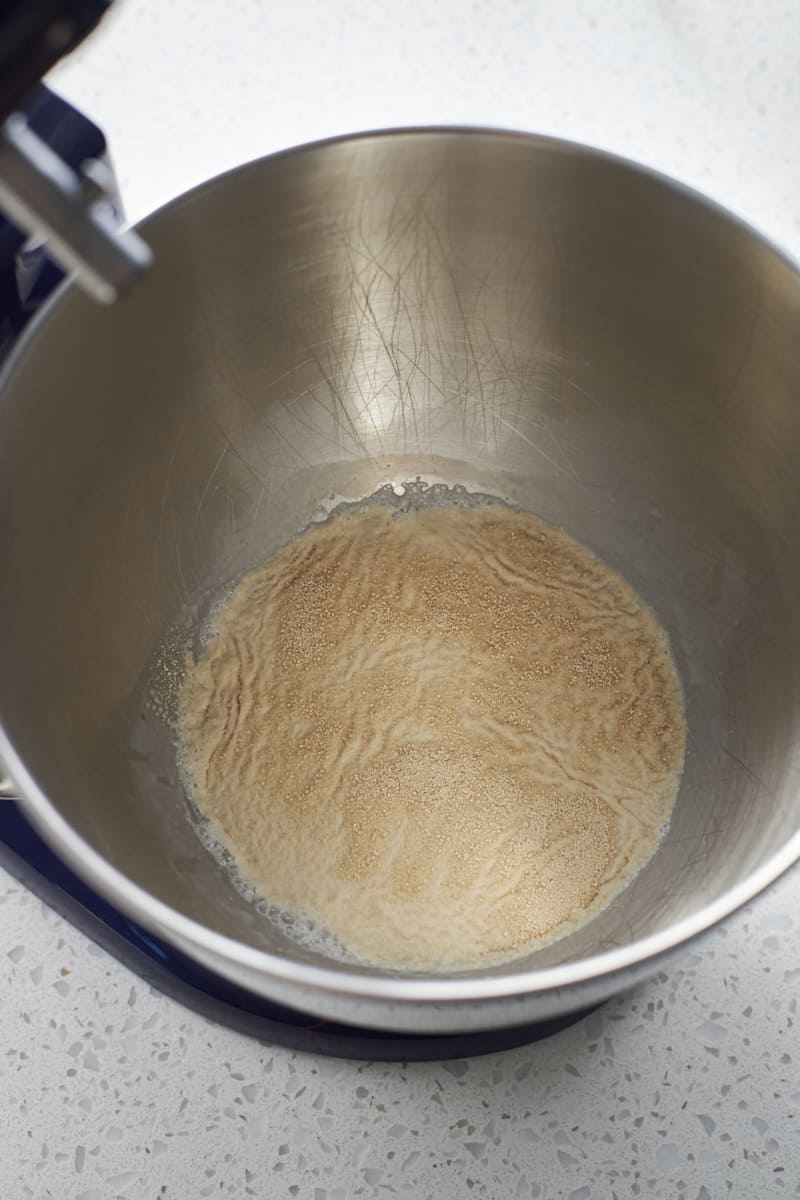 Yeast bloomed on the milk in the bowl of a stand mixer.