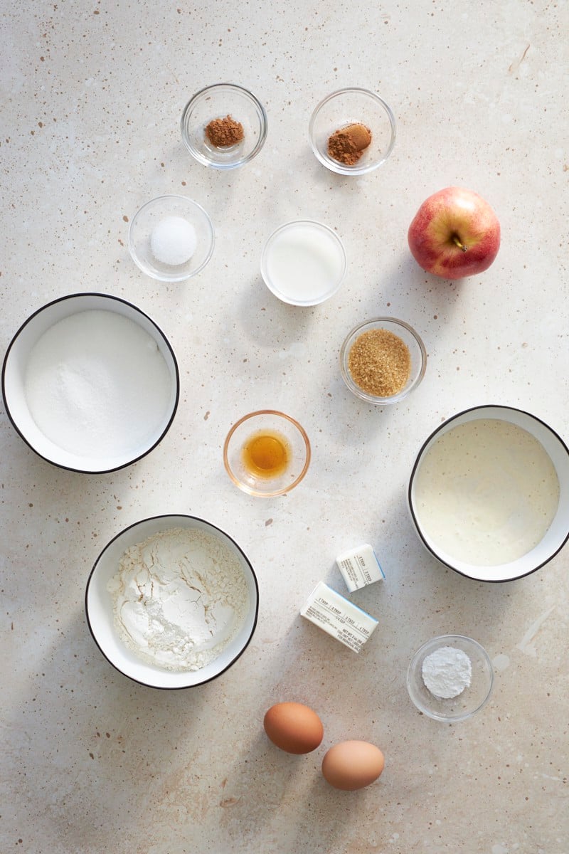 Ingredients for Sourdough Discard Apple Muffins in small bowls.