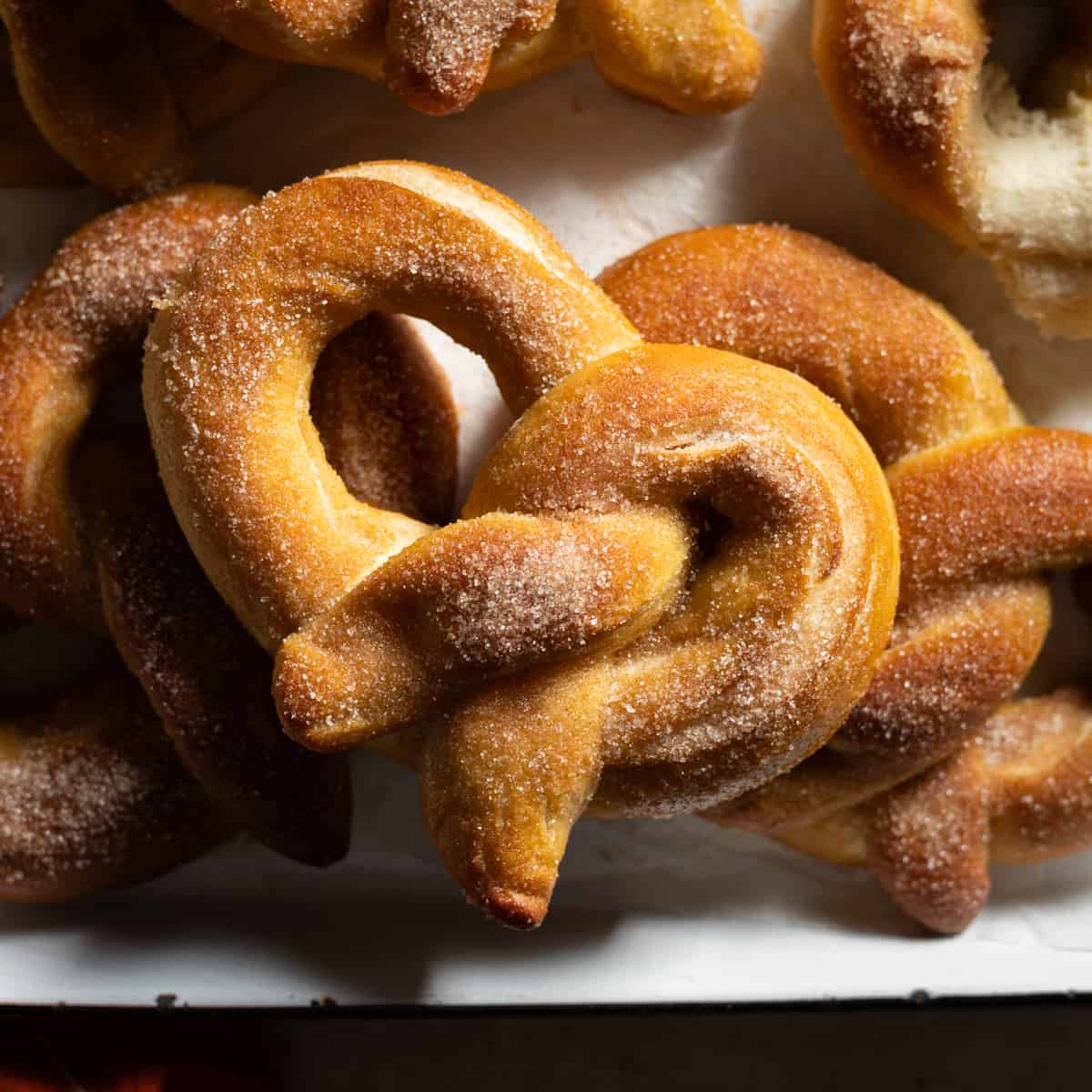 Sourdough Discard Cinnamon Sugar Pretzels in a pile.