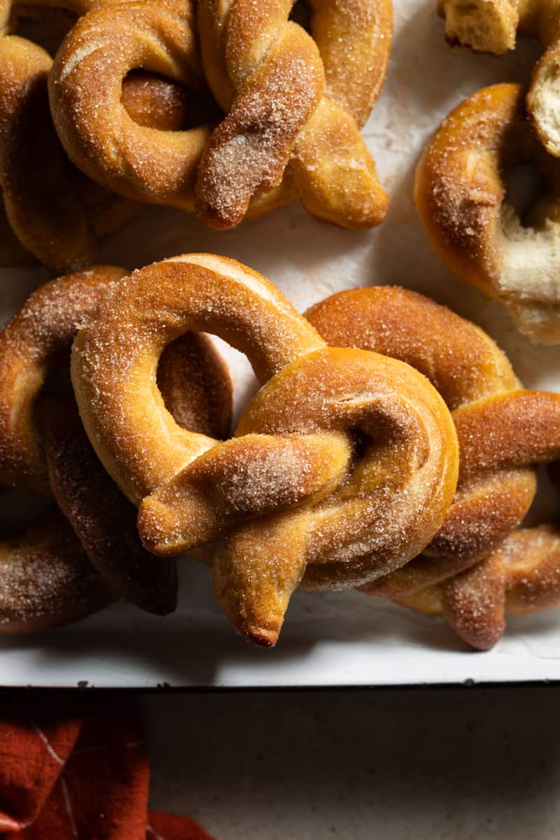 Sourdough Discard Cinnamon Sugar Pretzels in a pile.