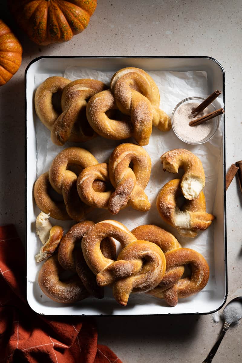 Sourdough Discard Cinnamon Sugar Pretzels on a white tray.