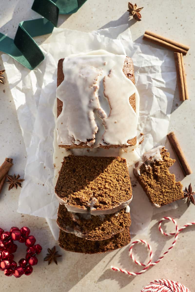 Overhead view of Sourdough Discard Gingerbread Loaf with slices cut.