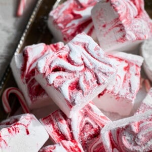 A closeup of Candy Cane Marshmallows.