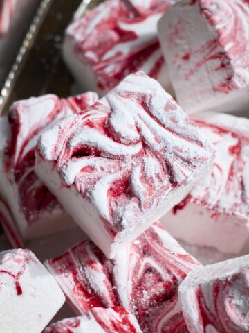 A closeup of Candy Cane Marshmallows.