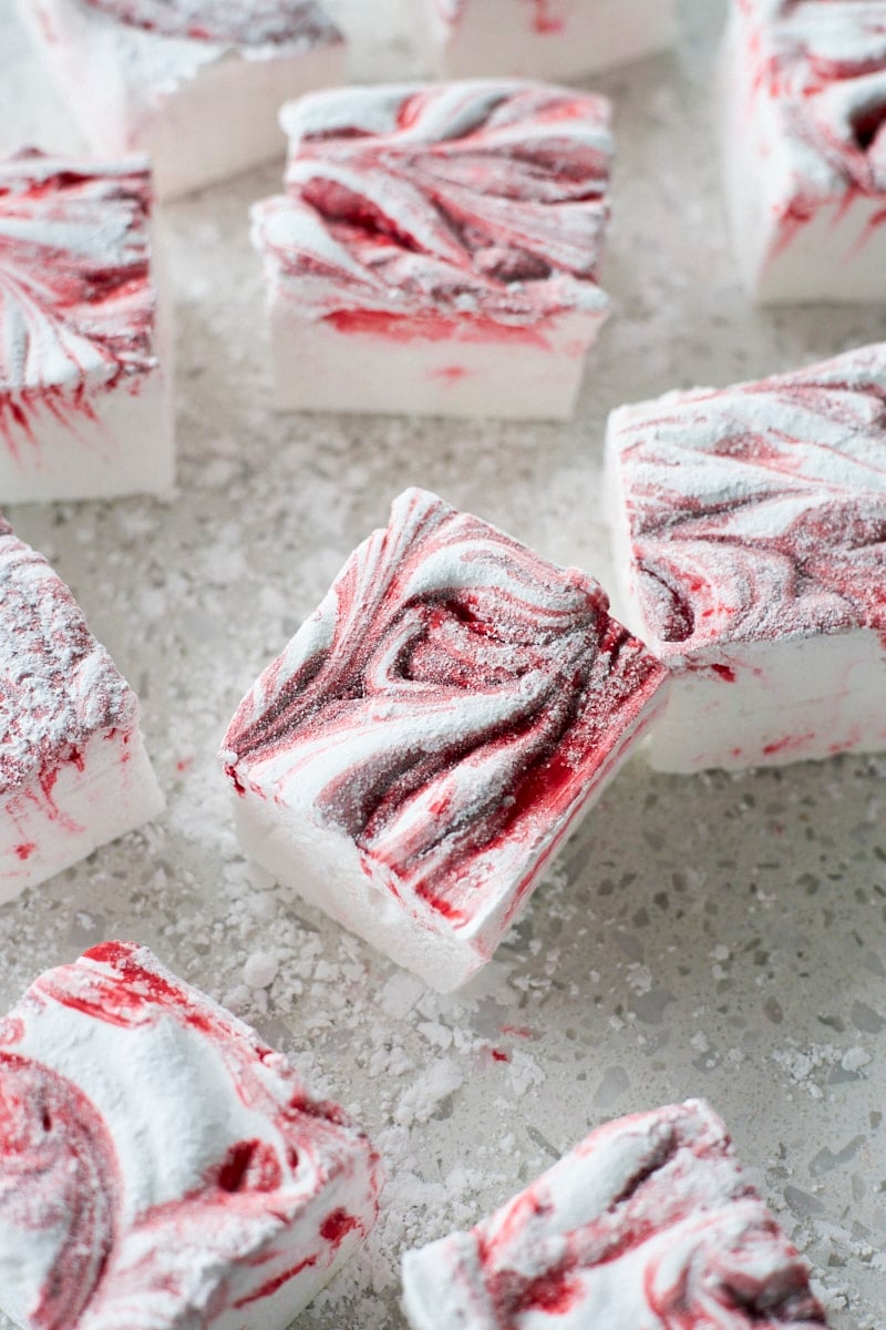 Candy Cane Marshmallows after being rolled in powdered sugar.