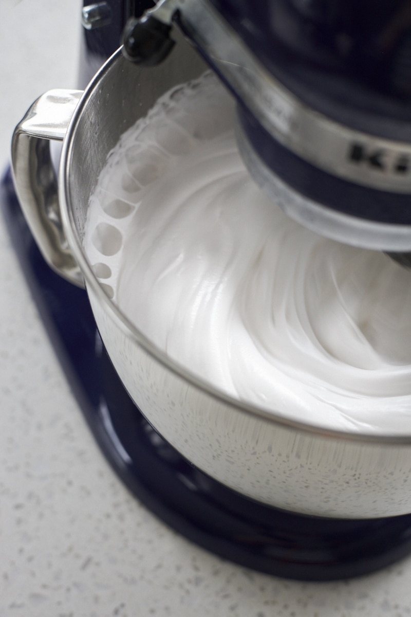 Marshmallows whipping in a stand mixer.