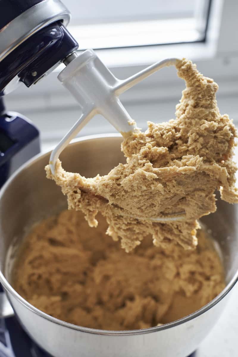 Dough in the bowl of a stand mixer.