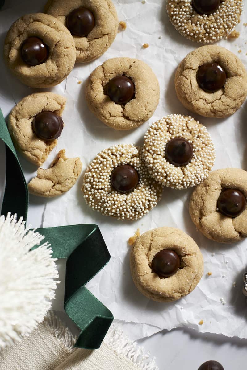 An overhead view of Sourdough Discard Peanut Butter Blossoms.