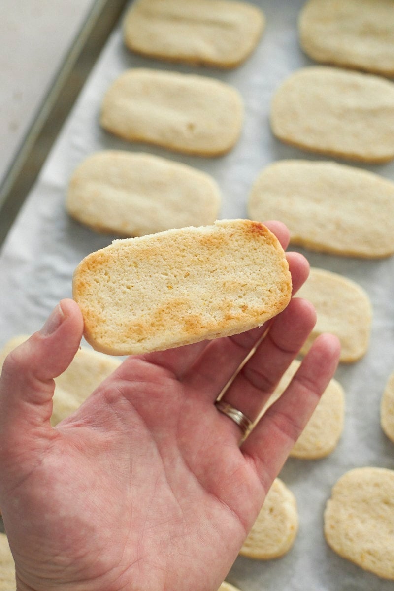 The slighty golden bottom of a Sourdough Discard Shortbread Cookie.