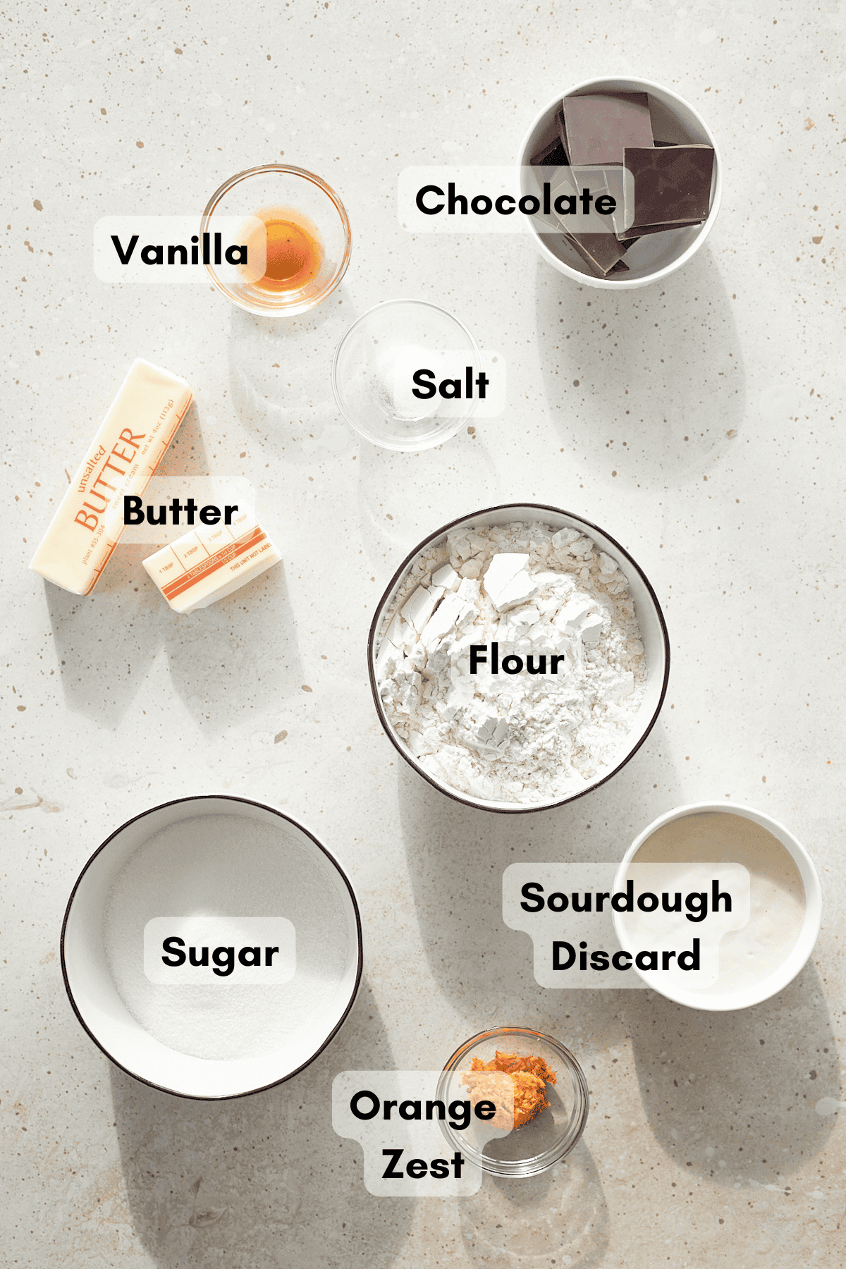 Ingredients for Sourdough Discard Shortbread Cookies in small bowls. 