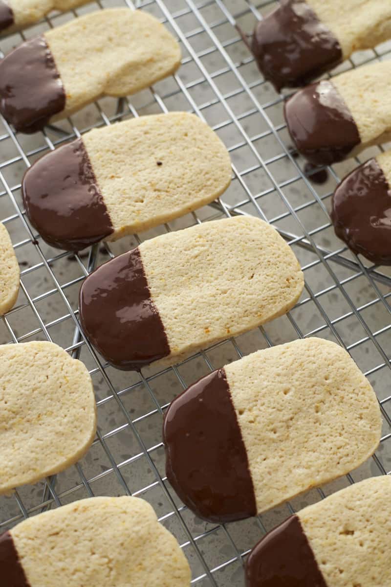 Cookies dipped in dark chocolate.