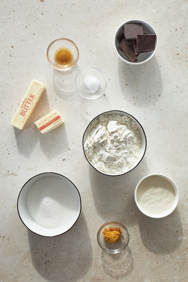 Ingredients for Sourdough Discard Shortbread Cookies in small bowls.