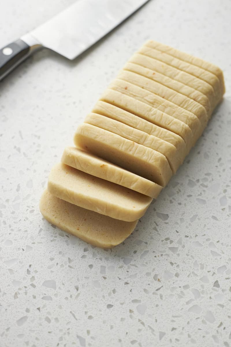 Cooke dough sliced into ¼-inch pieces.