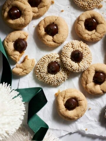 An overhead view of Sourdough Discard Peanut Butter Blossoms.