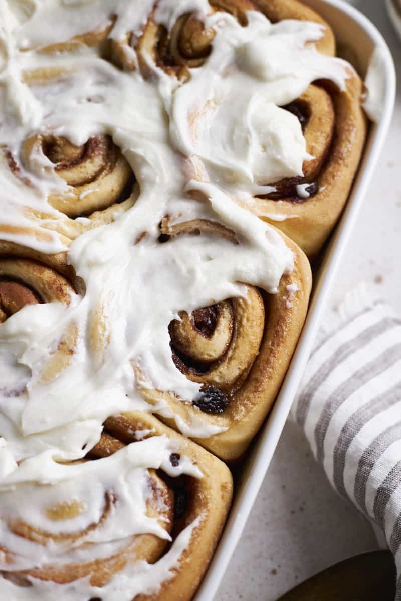 A side view of Sourdough Discard Cinnamon Rolls.