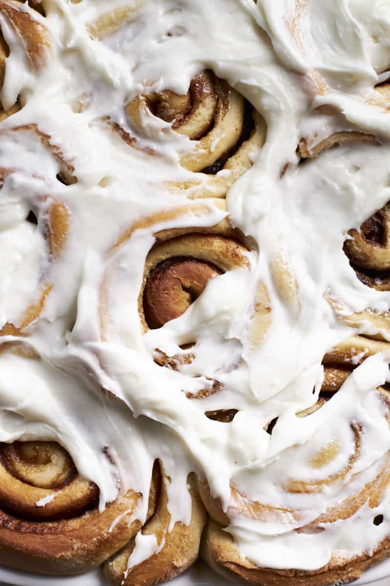 A closeup of Sourdough Discard Cinnamon Rolls.