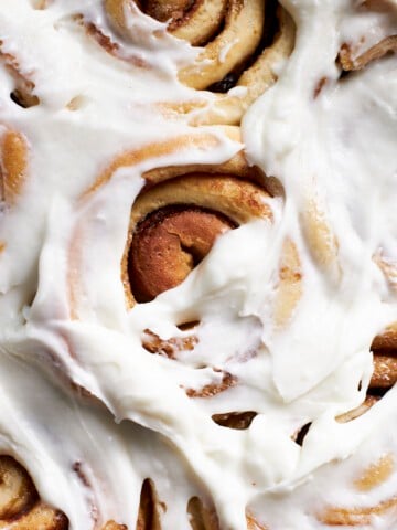 A closeup of Sourdough Discard Cinnamon Rolls.